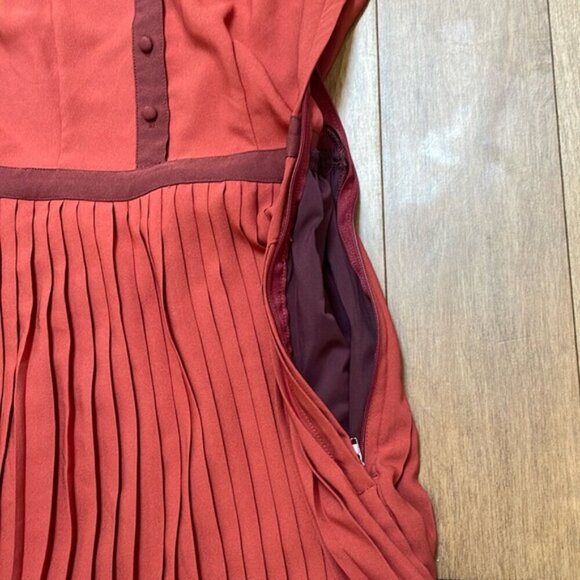 ModCloth Just My Typist Long Sleeve Shirt Dress In Brick pleated skirt sz XXS - Picture 14 of 15